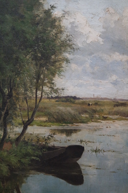 Willem Oppenoorth (1847-1905) - maroufle - roeibootje aan de oever verkocht voor € 285!