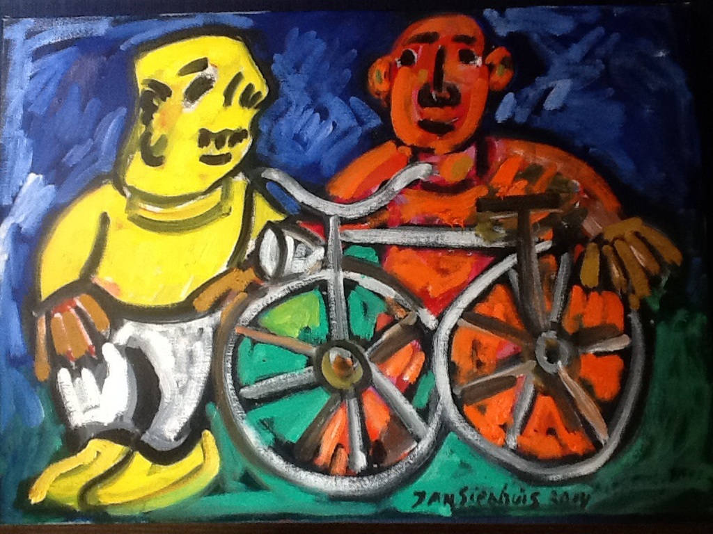 Jan Sierhuis: olieverf op doek, Kinderen met fiets. kopen? Bied vanaf 350!