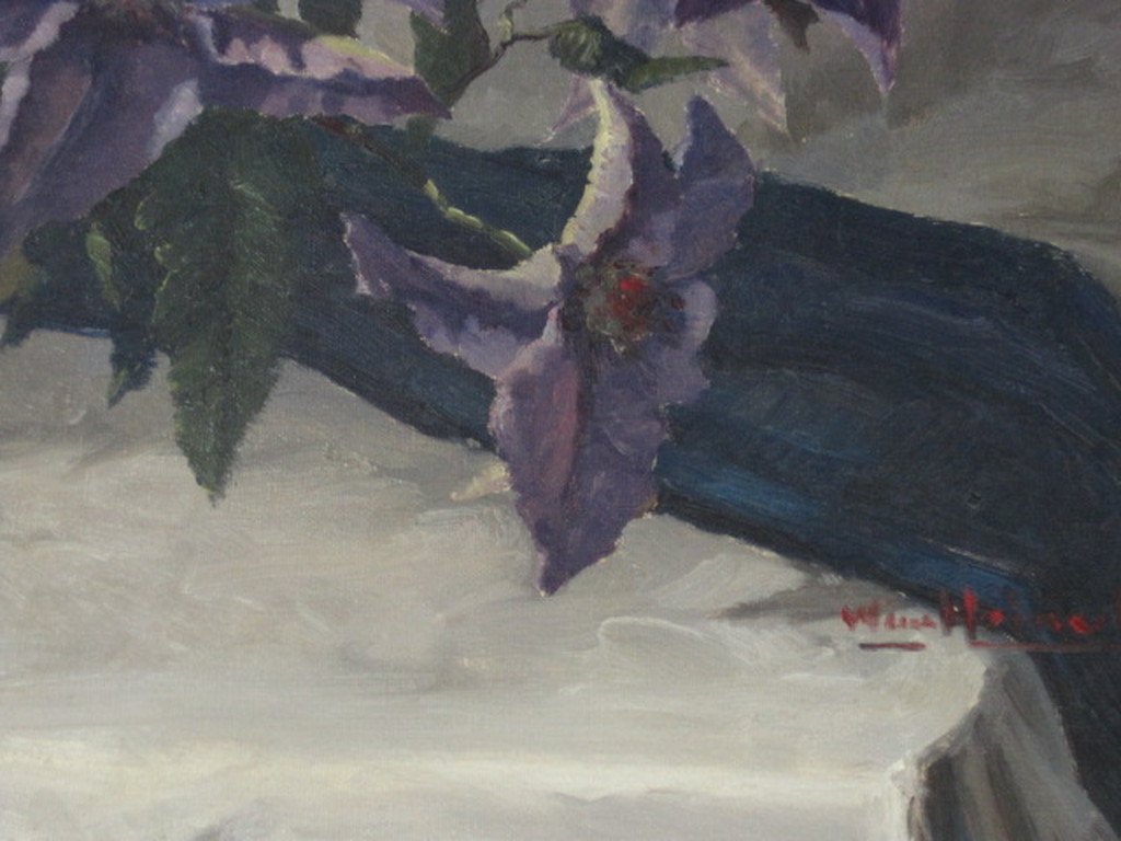 Fraai antiek stilleven  "paarse clematis" door Rotterdammer Wim Heinecke kopen? Bied vanaf 1!