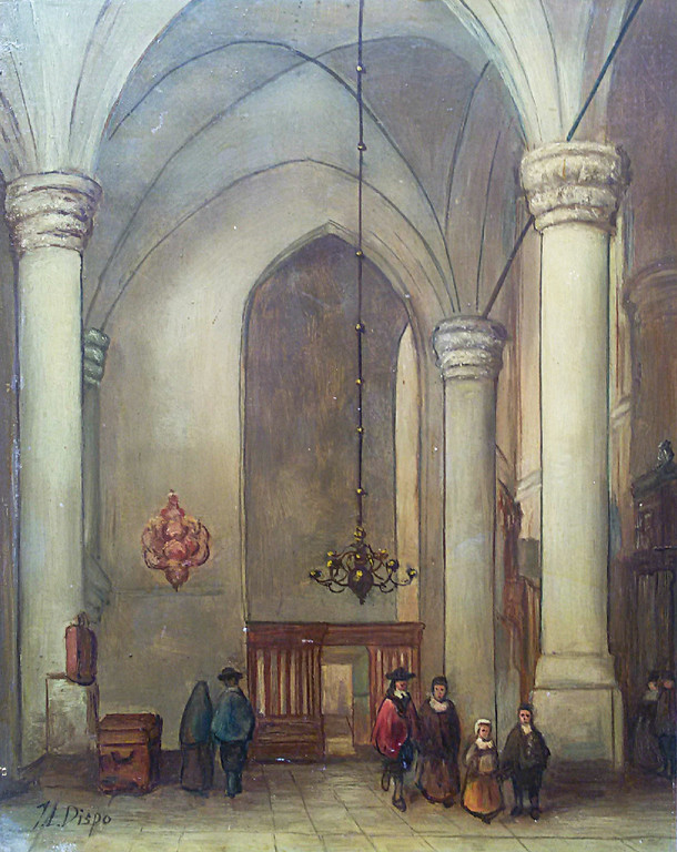 Jacobus Lambertus Dispo - Kerkinterieur, olieverf op board verkocht voor € 75!