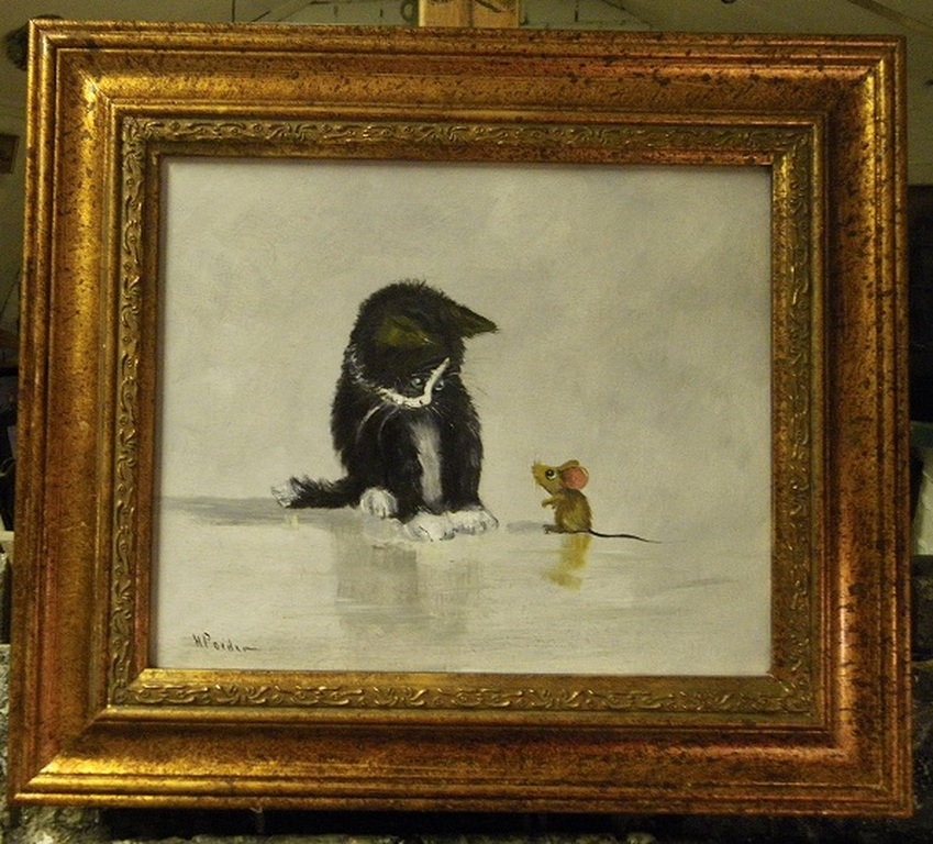 Henk Poeder: Olieverf op paneel poesje en muisje verkocht voor € 65!