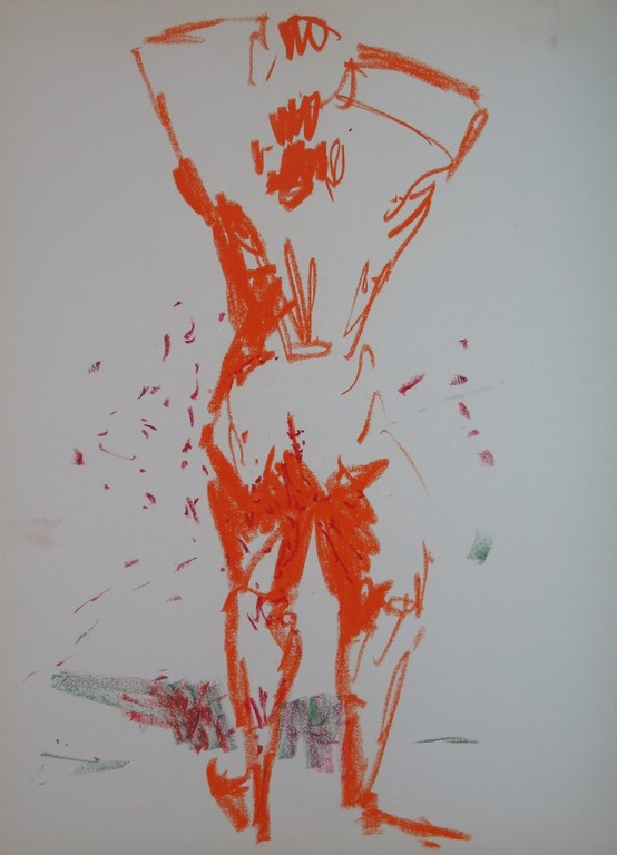 Juul Neumann: Gemengde techniek op papier + Krijttekening, Staand naakt kopen? Bied vanaf 1!