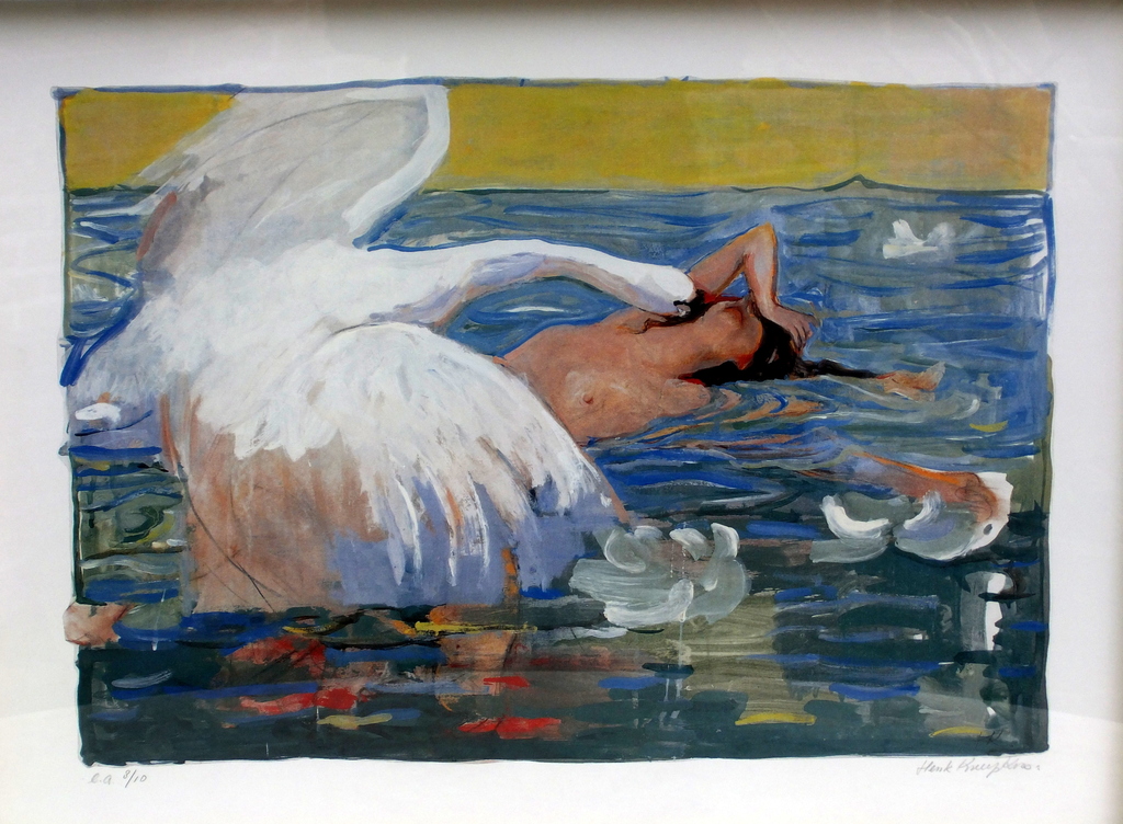 Henk Kneepkens: eigen afdruk 8/10 van een gouache, Leda en de zwaan. verkocht voor € 35!