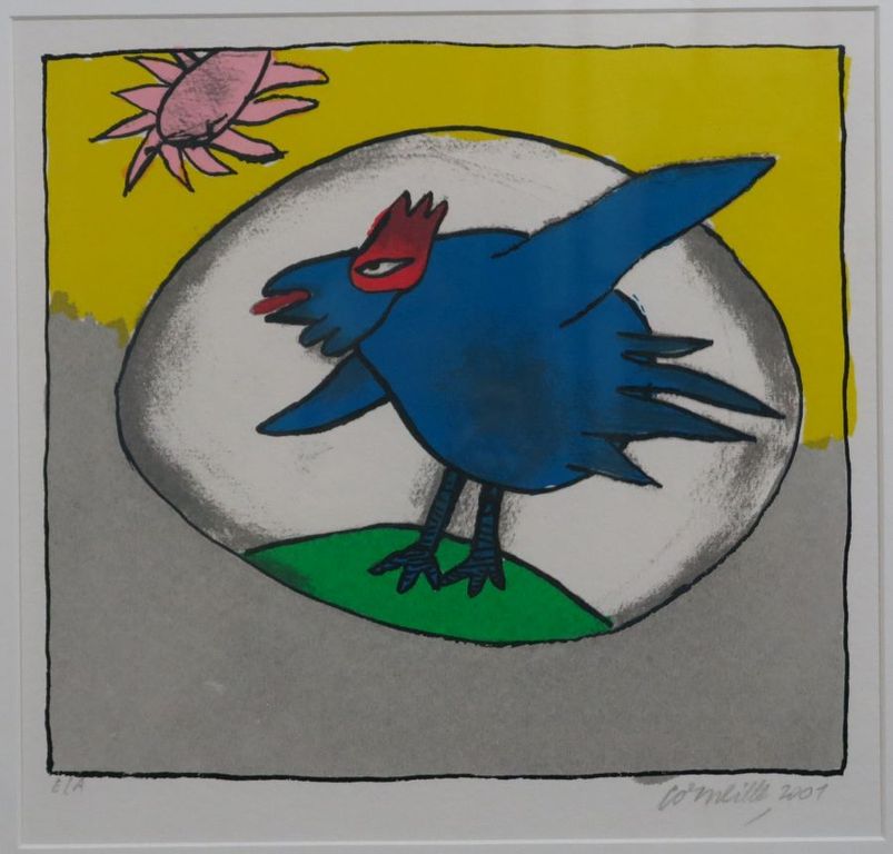 Corneille: Zeefdruk, Blauwe vogel - Ingelijst kopen? Bied vanaf 250!