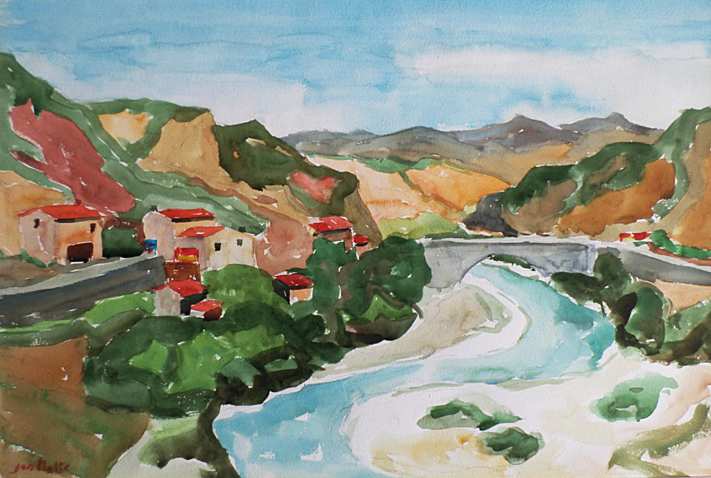 Jan Nolte – Mediterraans dorp bij rivier, aquarel kopen? Bied vanaf 65!