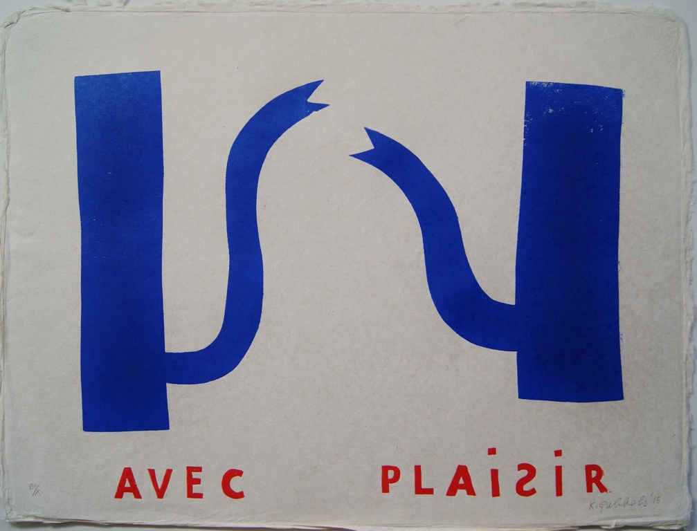 Klaas Gubbels grote houtdruk 'Avec Plaisir' - 2015 verkocht voor € 575!