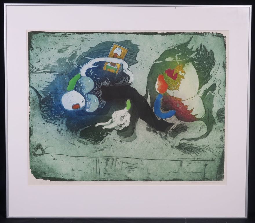 Michel van Overbeeke: Ets met bladgoud, It's in the air - Ingelijst verkocht voor € 100!