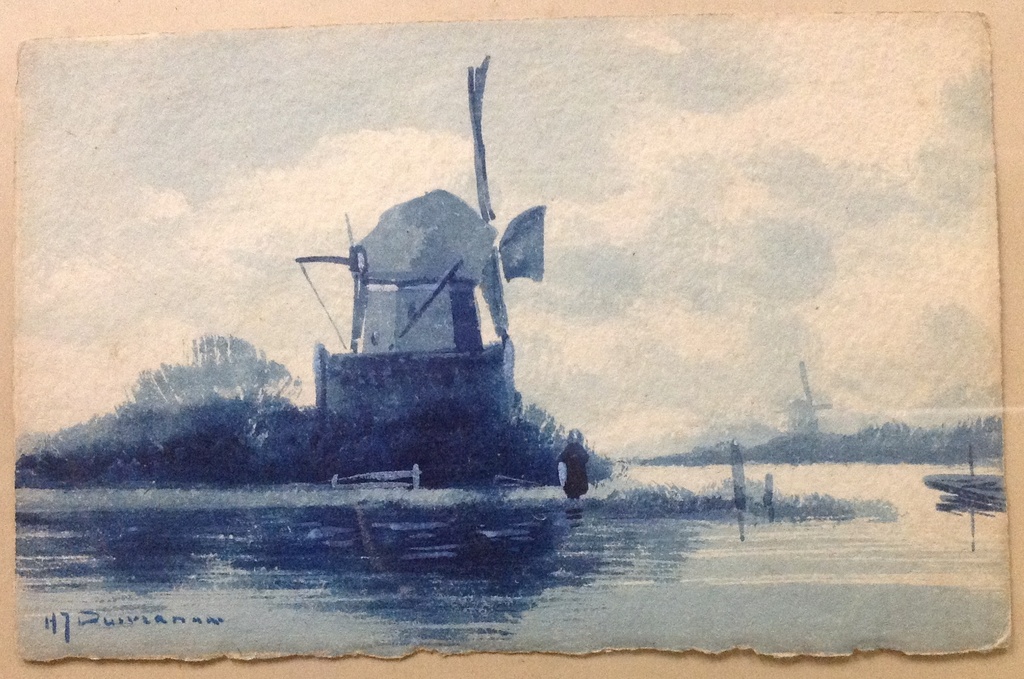 Trio van aquarellen door H.J. Duiverman; molens in blauw-witte tinten kopen? Bied vanaf 45!