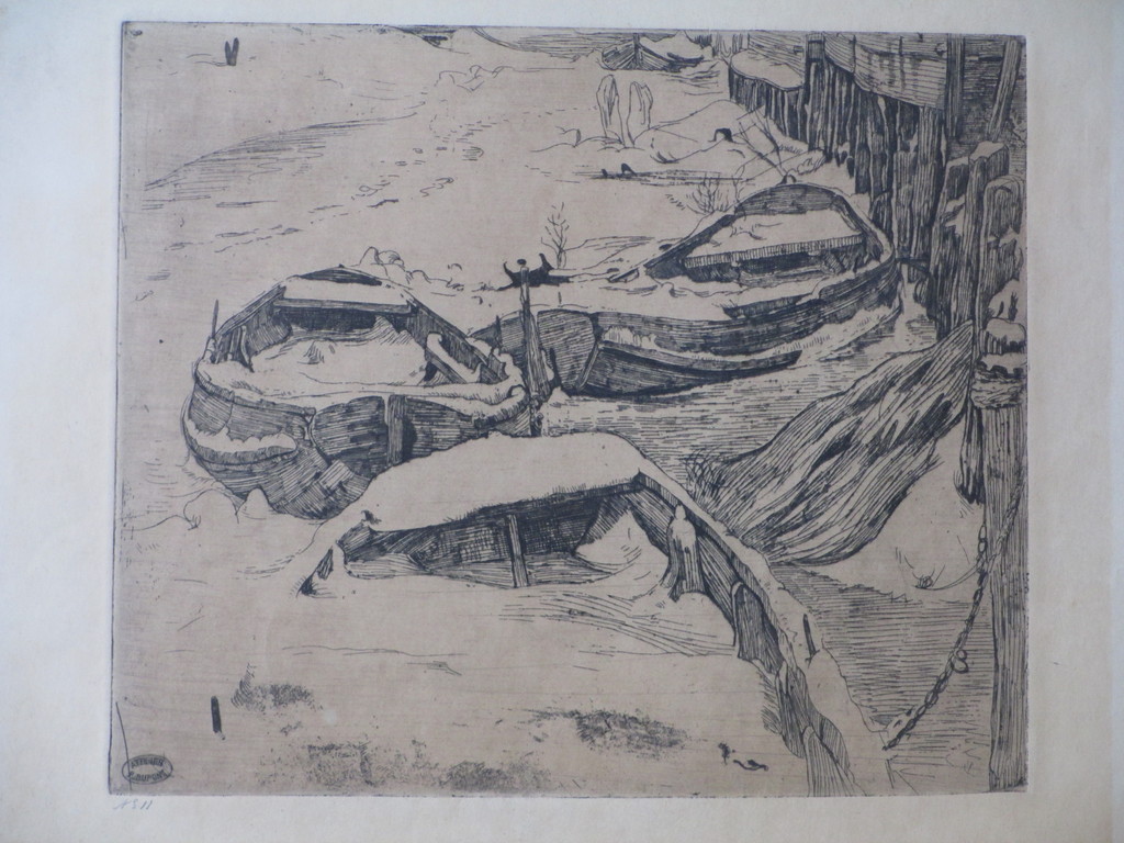 Pieter Dupont, Booten in de sneeuw, Ets op zink 1893-'94 kopen? Bied vanaf 90!