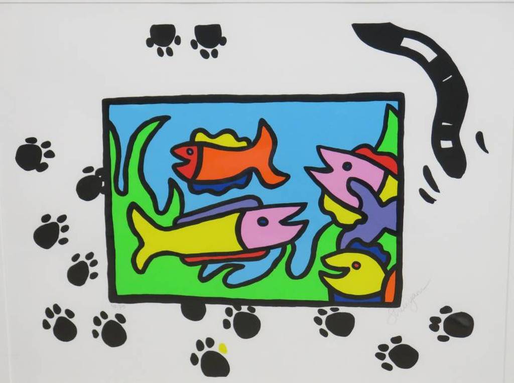 Shunyam: Zeefdruk, Fish and Cat - Ingelijst (groot) verkocht voor € 95!