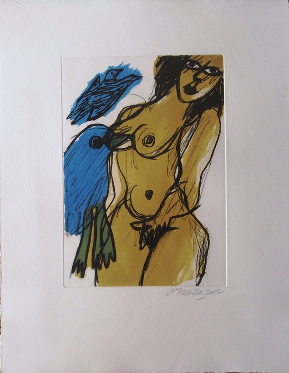 Corneille : naakt met vogels in blauw (schitterende kleurenaquatint) verkocht voor € 80!
