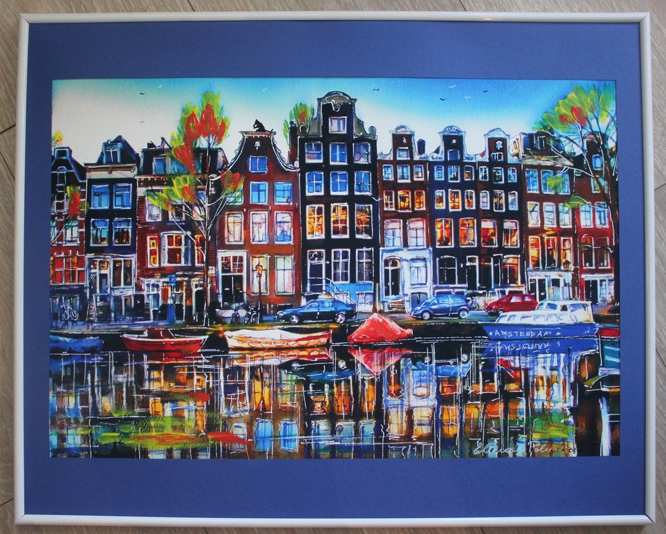 Elena Polyakova:   Amsterdamse gracht, Gemengde techniek kopen? Bied vanaf 100!