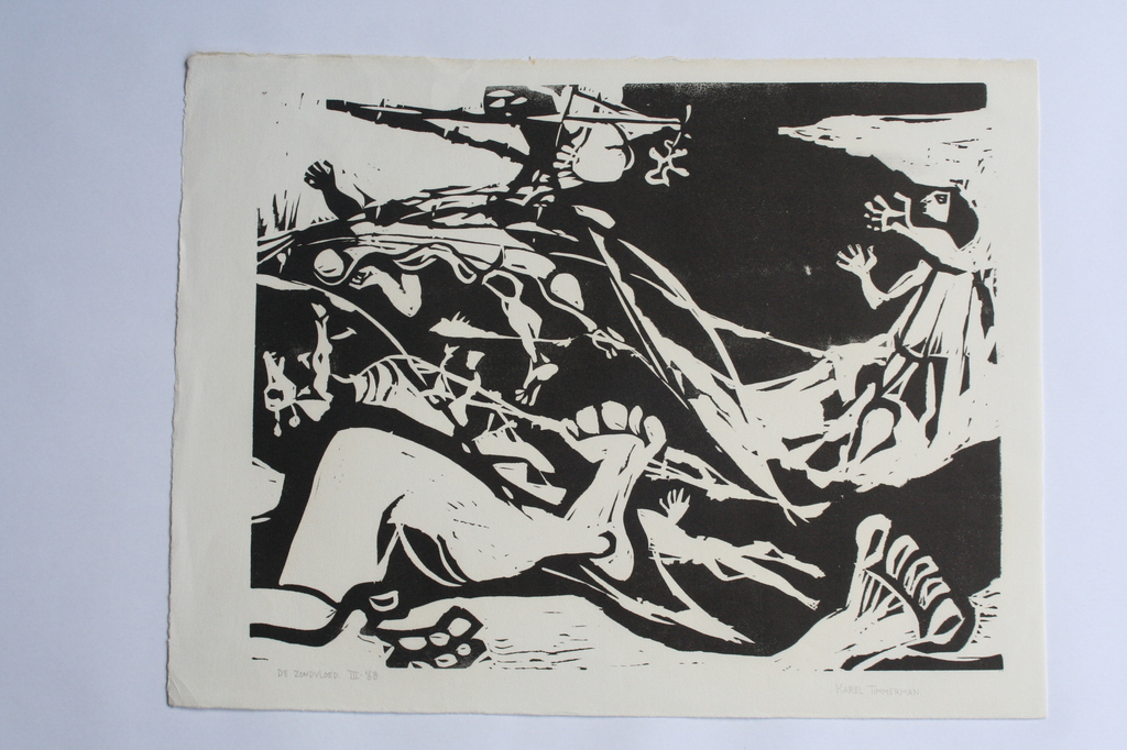 Karel Timmerman - linodruk - De Zondvloed - circa 1968 - gesigneerd kopen? Bied vanaf 1!