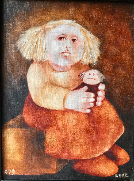 Naïeve schildering: Olieverf op Linnen, Meisje met Pop verkocht voor € 45!