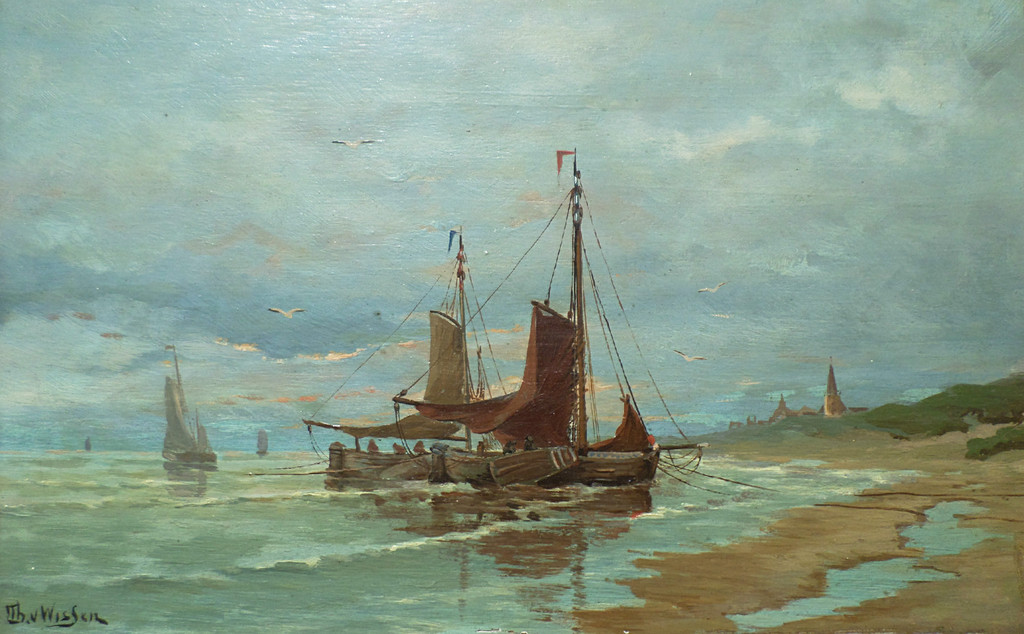 Thomas van Wissen - Bomschuiten aan het strand, olieverf op paneel (ingelijst) verkocht voor € 140!