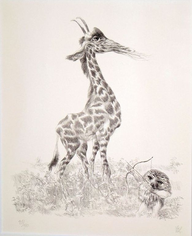 Peter Vos: lithografie De ontdekking van de Giraffe verkocht voor € 100!