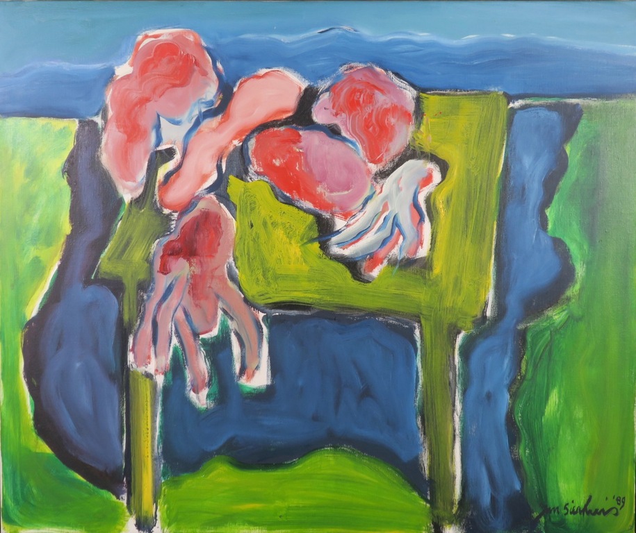 Jan Sierhuis: Olieverf op doek, Tafel in een landschap - Ingelijst (Groot!) kopen? Bied vanaf 1500!