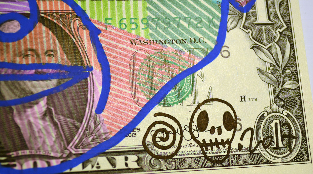 Hayden Kays: acrylverf op dollar biljetten, "Feeling a little Blue" kopen? Bied vanaf 485!