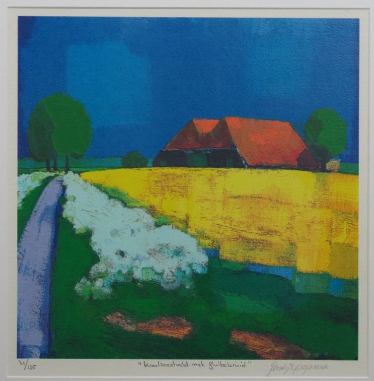 Jentsje Popma: Zeefdruk, Koolzaadveld met fluitekruid -Ingelijst  verkocht voor € 60!