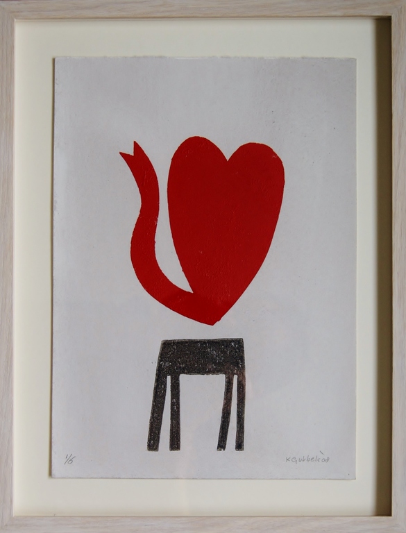 Klaas Gubbels houtdruk 'Hartenkan op tafel' oplage 6 ex. kopen? Bied vanaf 395!