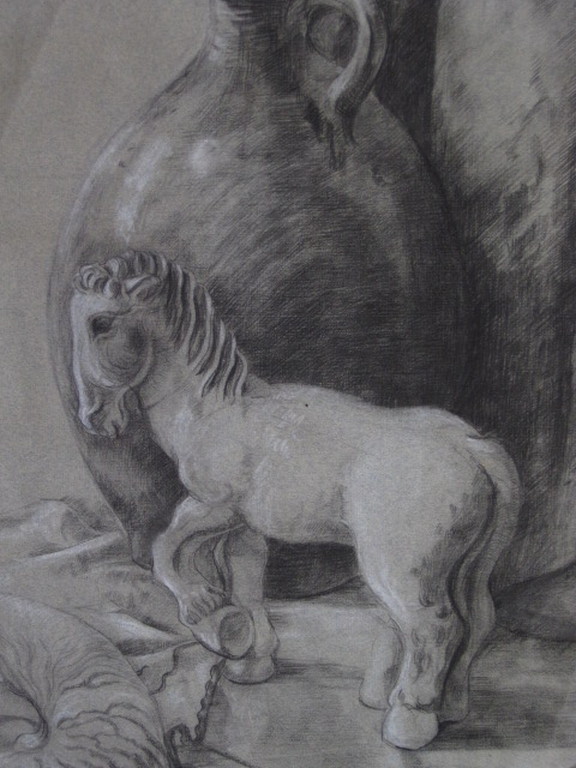 Fraai houtskool stilleven "Kruik en paard" van Frits Schiller  kopen? Bied vanaf 1!