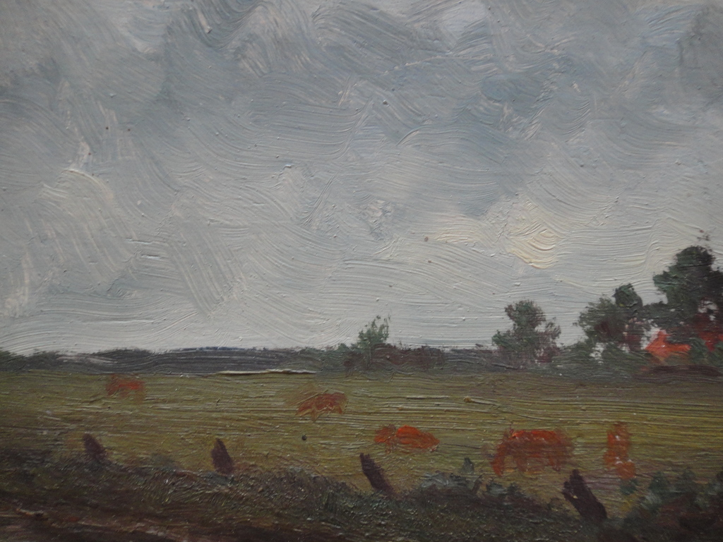 Hollandse school: olieverf op paneel, hollands polderlandschap met koeien in wei kopen? Bied vanaf 1!