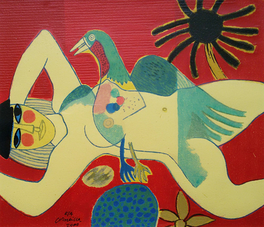 Corneille - Vrouw met vogel, terragravure (mooi ingelijst) verkocht voor € 320!