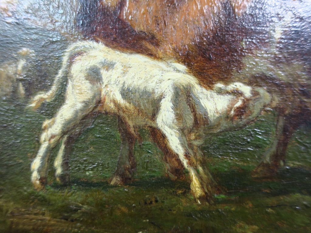 Emile van Marcke de Lummen: Olieverf op paneel, Boerderij met vee - Ingelijst kopen? Bied vanaf 400!