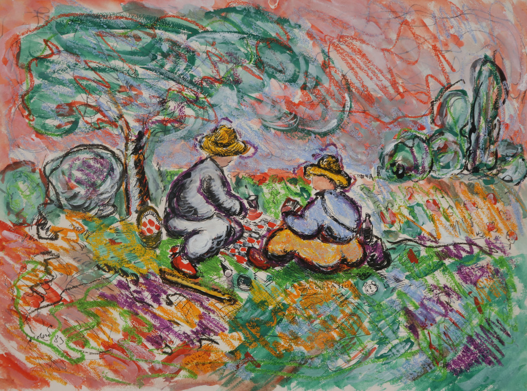 Horacio Cordero: Gouache en Pen, Picknick in kleurrijk landschap kopen? Bied vanaf 80!