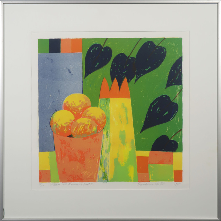 Fenneke van der Elst: Zeefdruk, Stilleven met bladeren en fruit I - Ingelijst kopen? Bied vanaf 1!