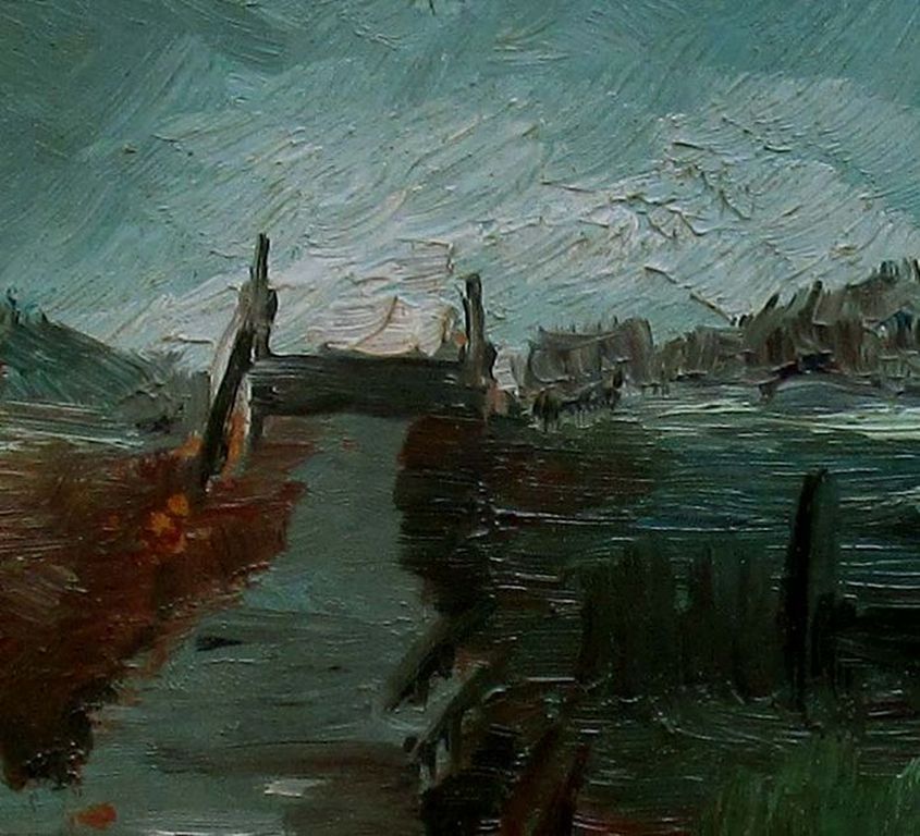 Onbekend kunstenaar: Olieverfschilderij, Landschap met water en brug kopen? Bied vanaf 20!
