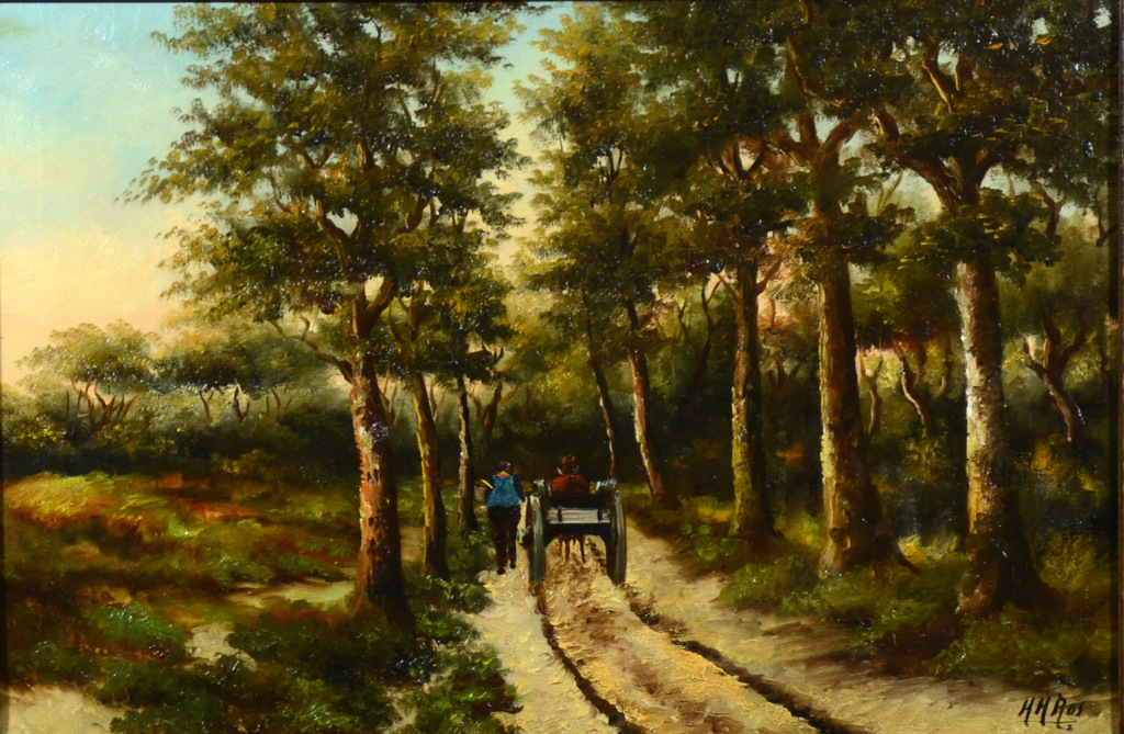 H.H. Ros (1870 - 1954) - Haagse Bos - "Zandweg met bomen, boer. paard en wagen". kopen? Bied vanaf 60!