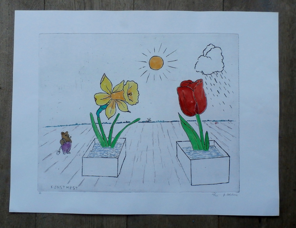 Pieter Holstein -  kleurenets: Kunstmest - gesigneerd -1980 kopen? Bied vanaf 75!