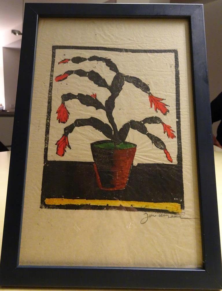 Jac de Bree, Houtdruk kleur, cactus in pot. kopen? Bied vanaf 20!