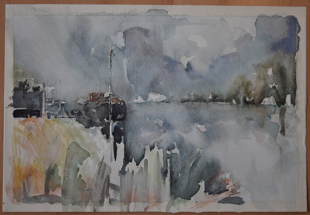 Ko van Velsen (1953 Badhoevedorp ), Aquarel, woonboot bij waterplas. kopen? Bied vanaf 1!