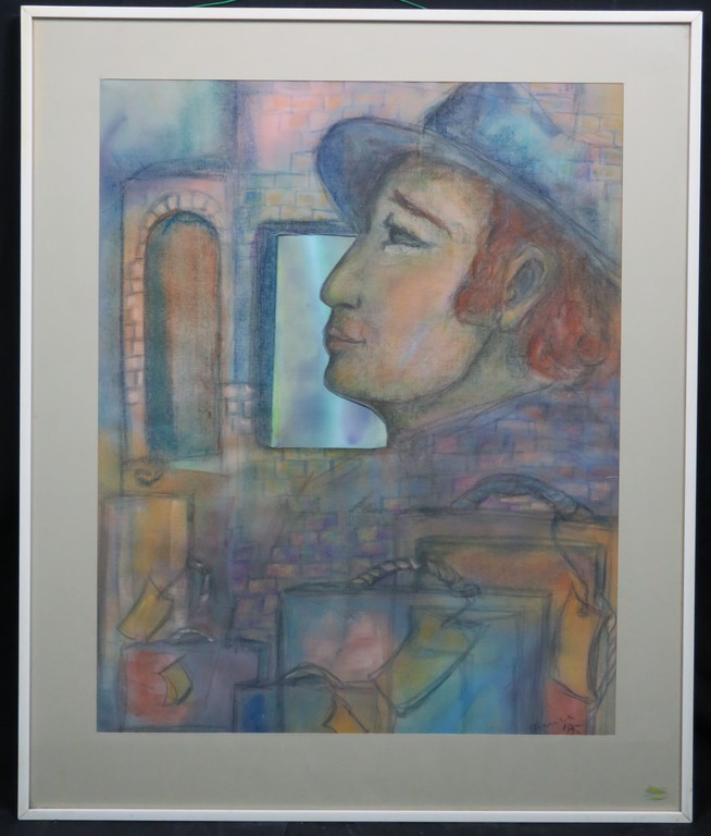 Franca Muller Jabusch: Krijttekening op stof, Z.T. Man met hoed - Ingelijst kopen? Bied vanaf 1!