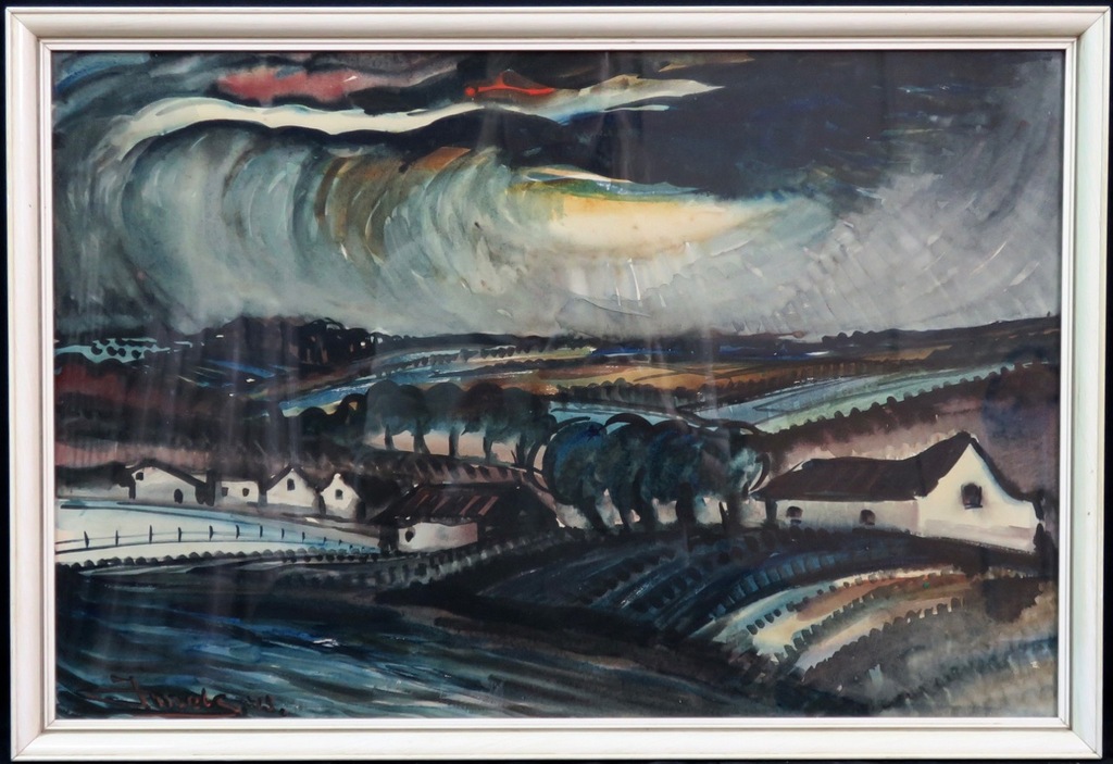 Jacques Mels: Aquarel, Landschap - Ingelijst verkocht voor € 100!