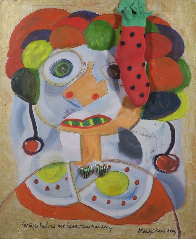 Meertje Kaal: Olieverf en collage op doek, Koningin Beatrix met.. - Ingelijst kopen? Bied vanaf 1!