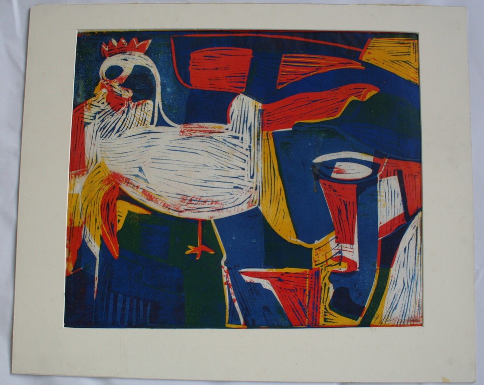 Piet Wiegman (ll): linosnede, Kip  verkocht voor € 46!