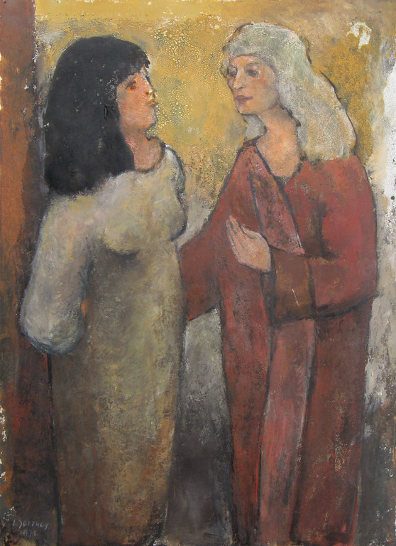 Twee vrouwen in gesprek - olieverf op papier - Irene Joffroy kopen? Bied vanaf 35!