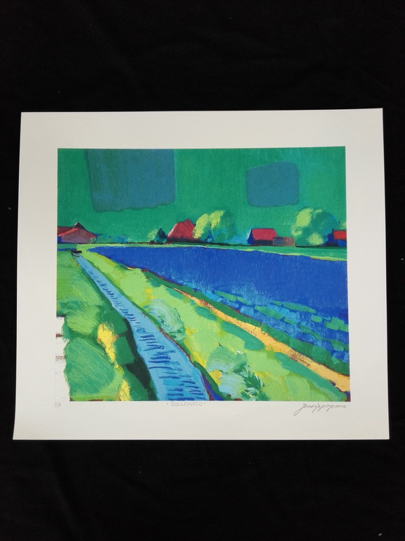 Jentsje Popma, zeefdruk op papier, Titel: Bollenveld kopen? Bied vanaf 40!