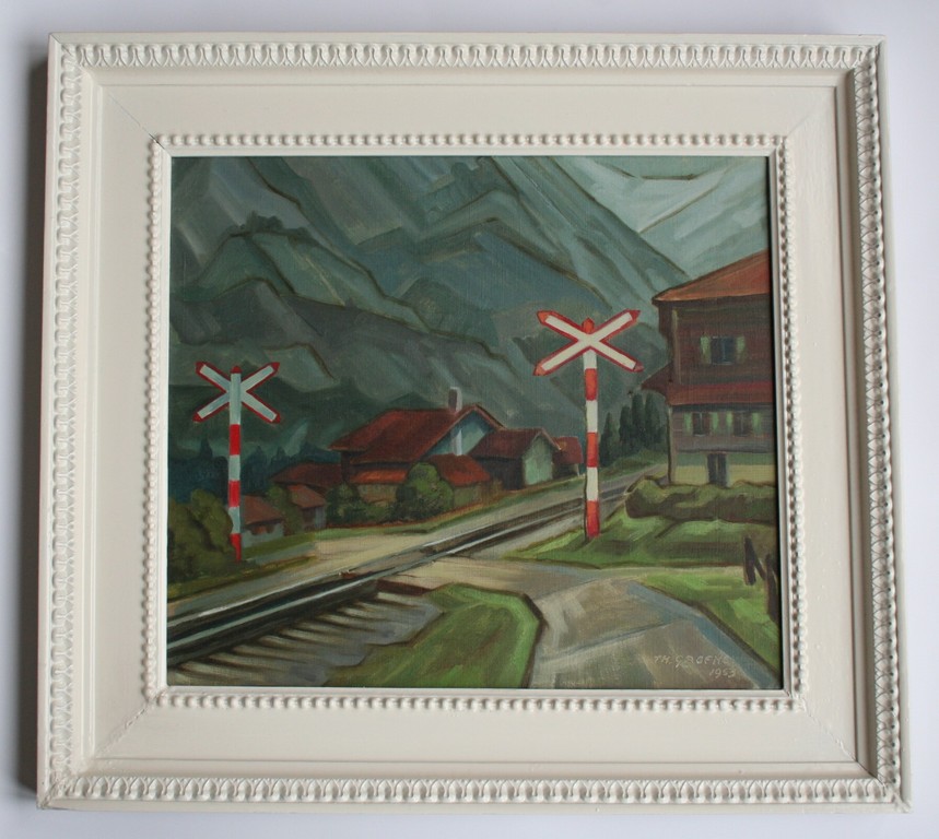 Theo Groeneveld - olieverf op doek - spoorovergang in bergdorp - gesigneerd  kopen? Bied vanaf 75!