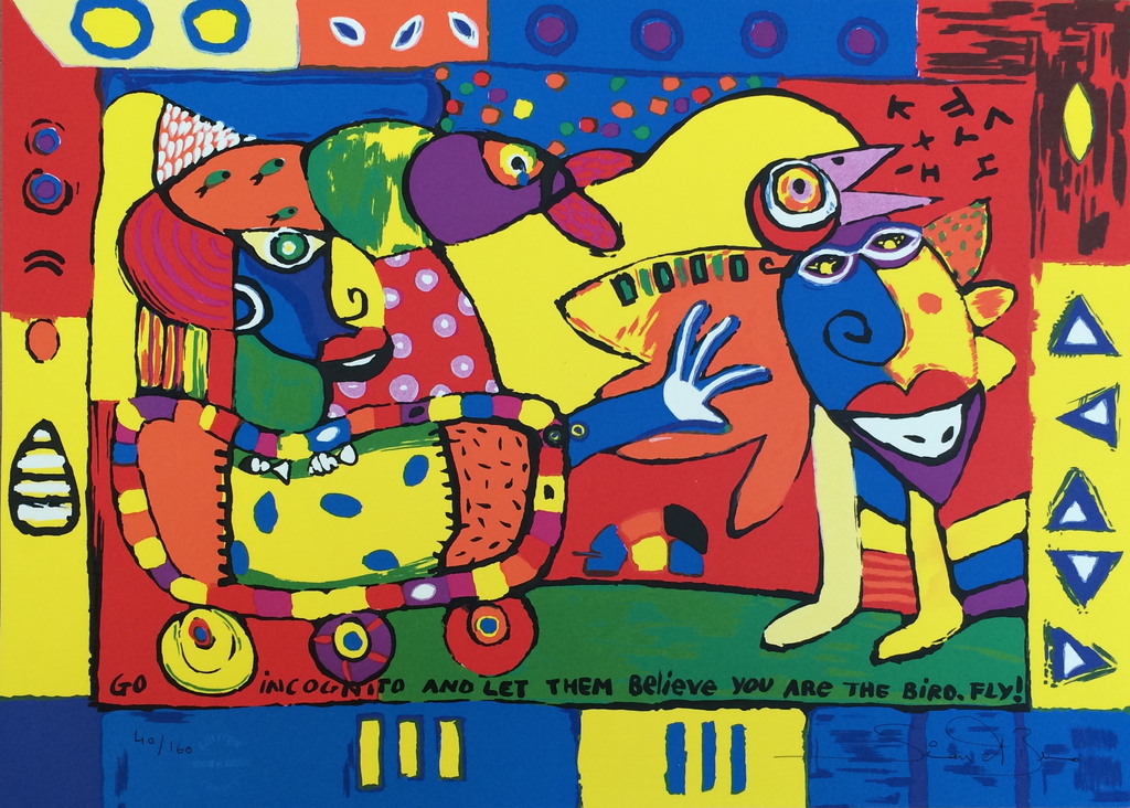 Simon & Bruno, zeefdruk op papier, Titel:"Go incognito and let them believe..... verkocht voor € 40!