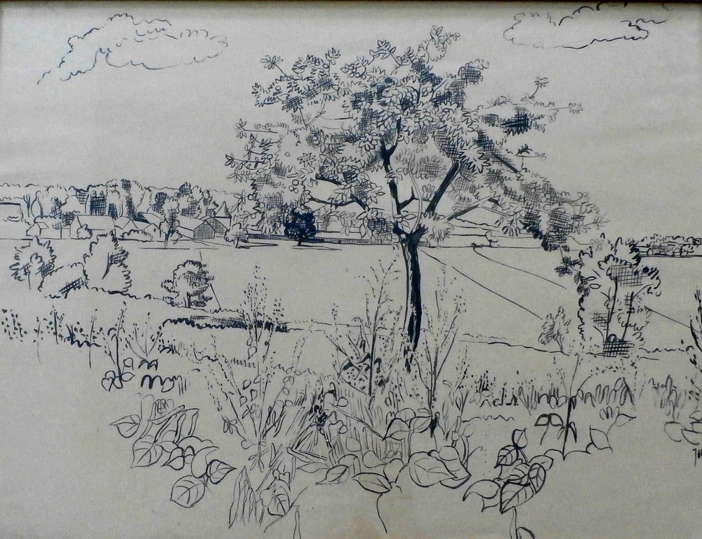 Joep Nicolas - ingelijste inkttekening: landschap kopen? Bied vanaf 55!