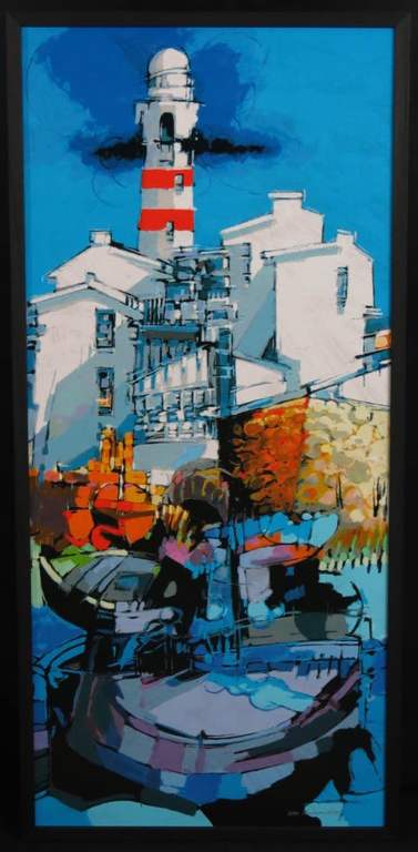 Hendrik van Veenendaal: Zeefdruk op paneel, Vuurtoren II - Ingelijst kopen? Bied vanaf 50!