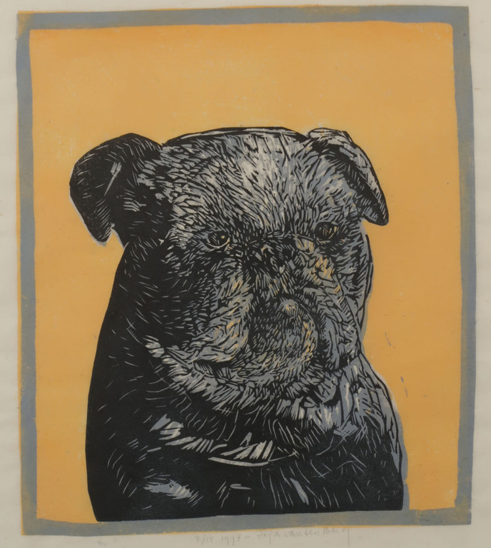 Arja van den Berg: Lino op Rijstpapier, Engelse bulldog - Ingelijst kopen? Bied vanaf 20!