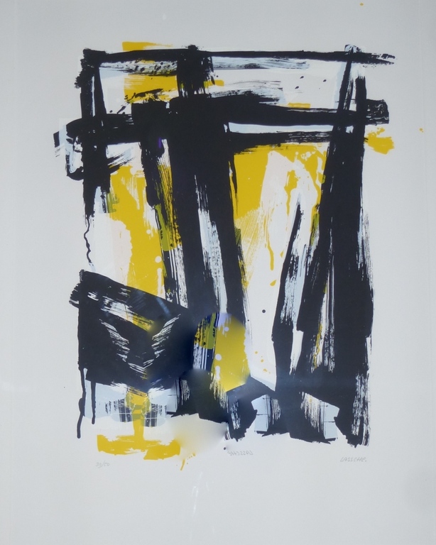 Henk Lassche, ingelijste zeefdruk: abstracte compositie, handgesigneerd en genummerd verkocht voor € 35!