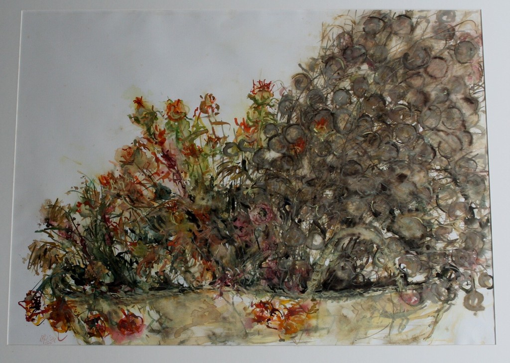 Monique Polak, aquarel, droogboeket in rieten mand, 1989 kopen? Bied vanaf 10!