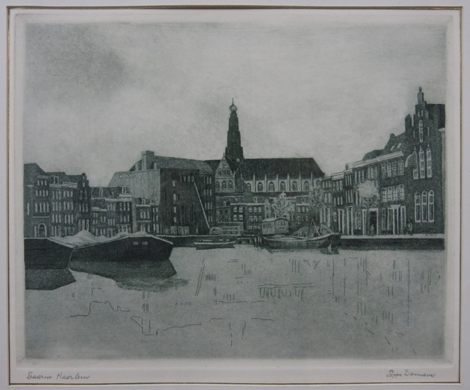 Poppe Damave: Ets, Spaarne Haarlem - Ingelijst verkocht voor € 75!