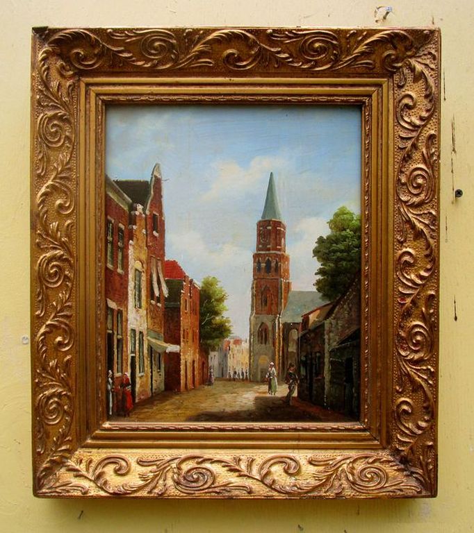 Kunstenaar onbekend: Olieverfschilderij, Stadsgezicht kopen? Bied vanaf 15!